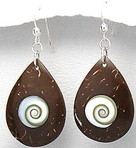  Coconut Shell Wood with Shiva Eyes Shell Earrings. Bali Fashion Jewellery Wholesale. 